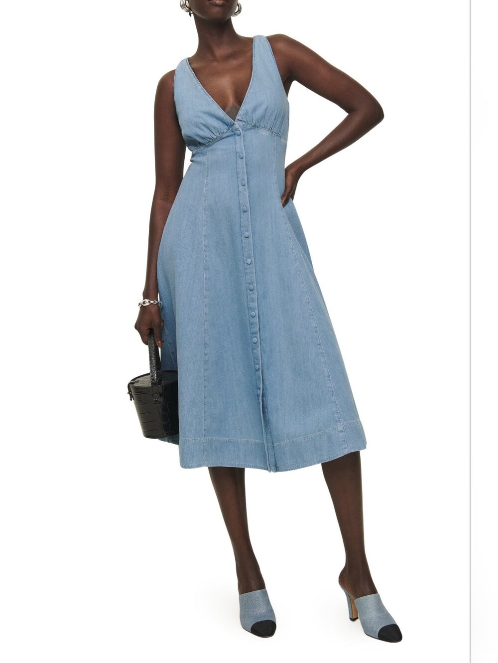 Reformation Sebastien Button Front Organic Cotton Denim Midi Dress